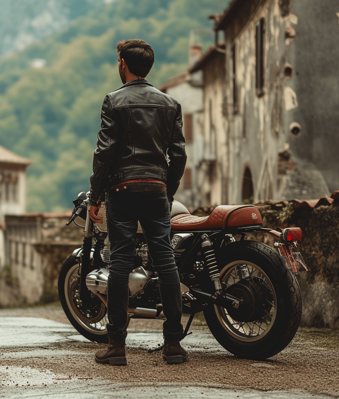 A man standing next to a motorcycle on a sunny day