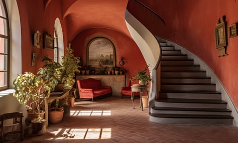 Sunlit staircase in a vibrant Santo Stefano villa