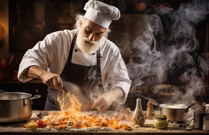 Master chef crafts culinary magic in a rustic kitchen Master chef crafts culinary magic in a rustic kitchen