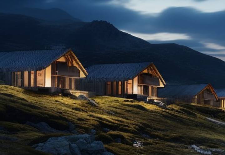 Mountain lodges glow at dusk in Campo Imperatore
