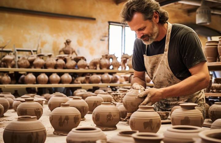 Artisan shapes pottery with skillful hands in Italy Artisan shapes pottery with skillful hands in Italy