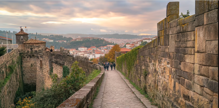 a cobblestone road with a stone wall
