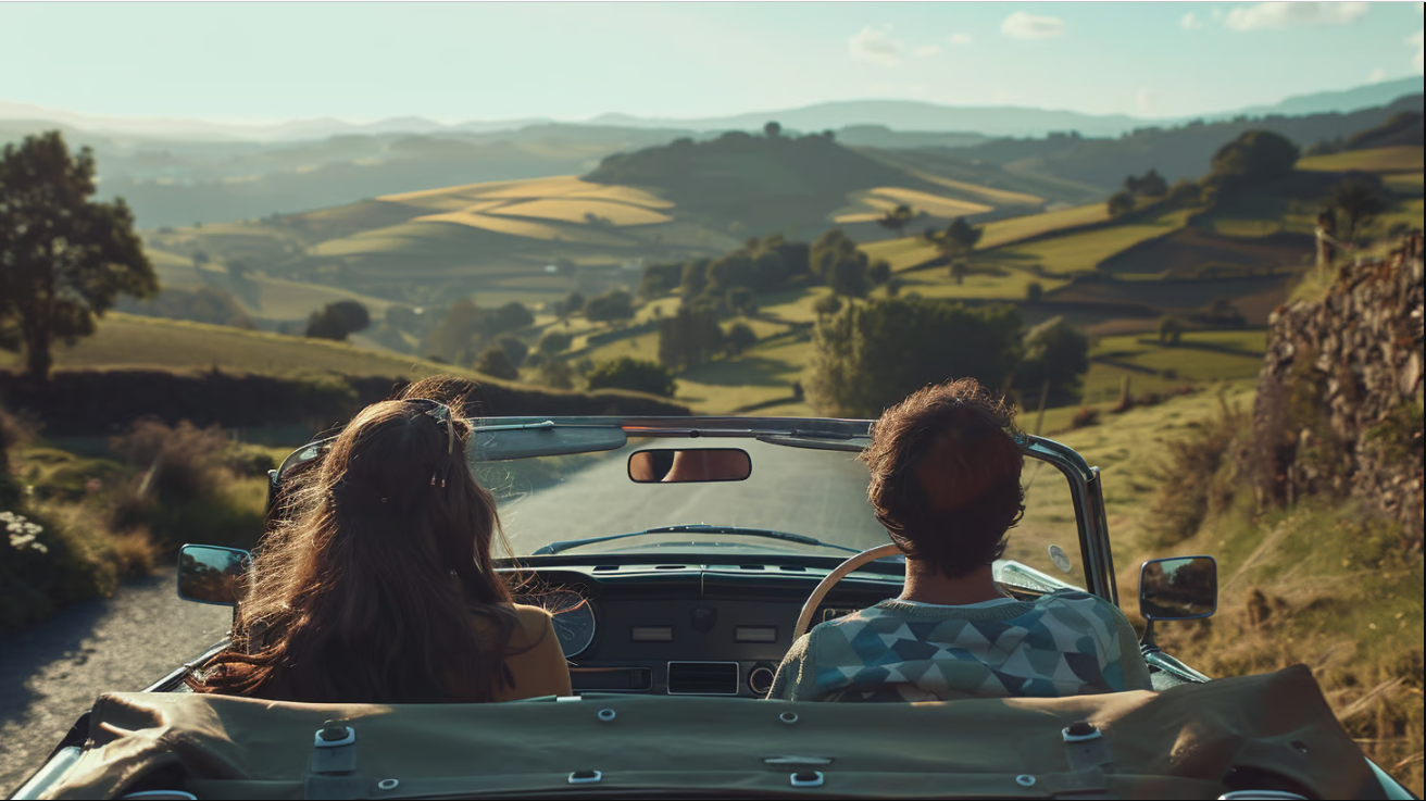 A couple is having a long drive through green mountain roads A couple is having a long drive through green mountain roads