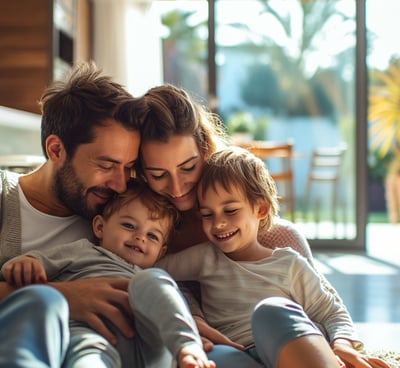 A family of four sitting on a couch