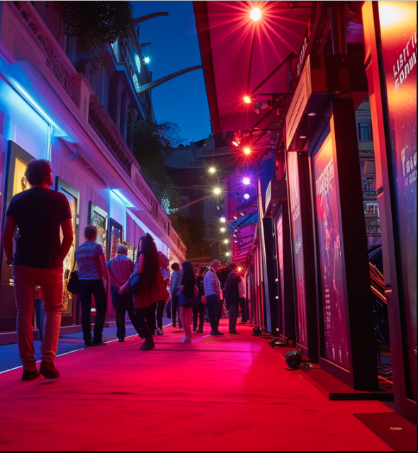 People walking along a red carpeted street at the CineEuropa Film Festival