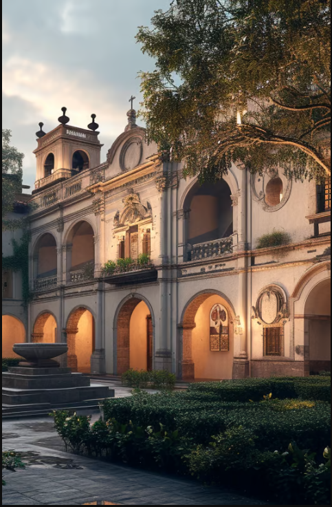 Creative depiction of a monastery courtyard