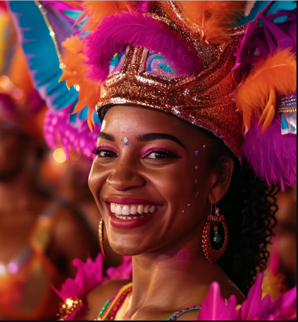 A woman in a colorful costume at a carnival