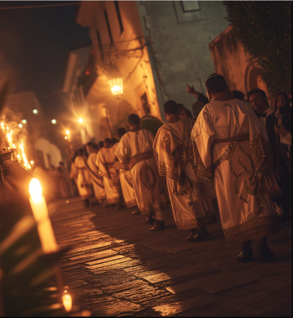A group of people standing in line with candles