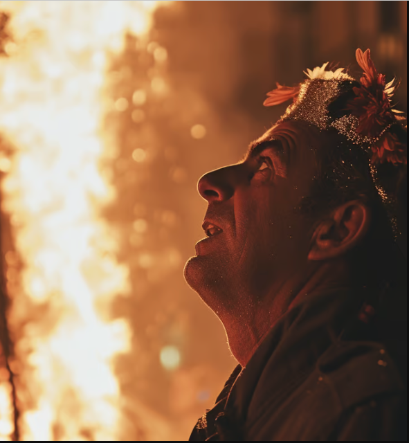 A man in a feathered headdress and a bonfire in the background