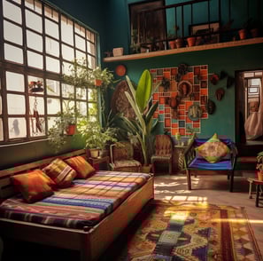 a living room with a couch and a rug