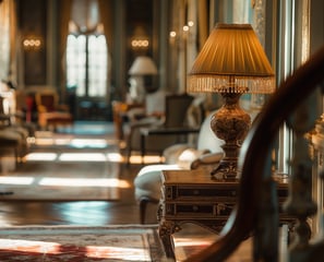 a lamp on a table in a room of a luxury mansion
