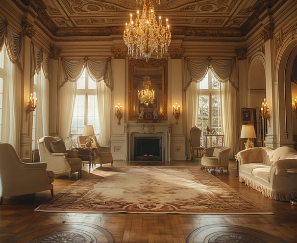 a creative depiction a living room with chandelier at a Newport mansion