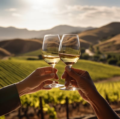 two people holding glasses of wine in front of a vineyard