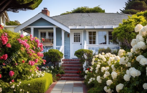 a house surrounded with flowers