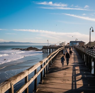 People strolling on pier by ocean, enjoying scenic view and fresh sea breeze