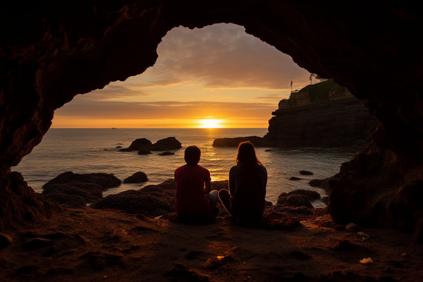 Two individuals sitting in a cave, silhouetted against the sunset