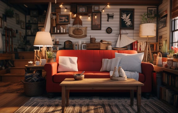 a living room with a red couch and a table