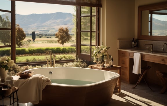 a bathtub with a view of a mountain