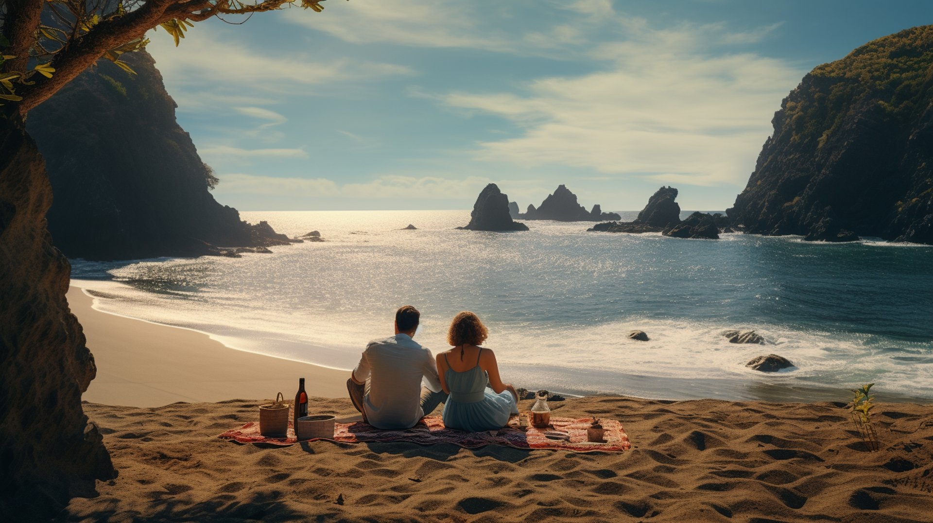 A couple enjoying a picnic on the beach, with a picnic basket beside them