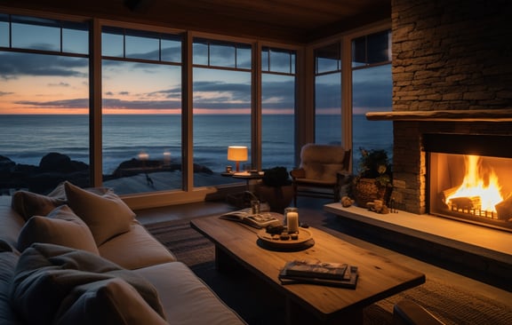 a living room with a fireplace and a couch