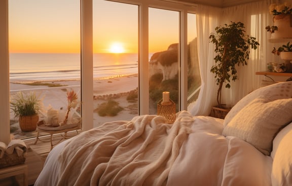 a bedroom with a view of the ocean