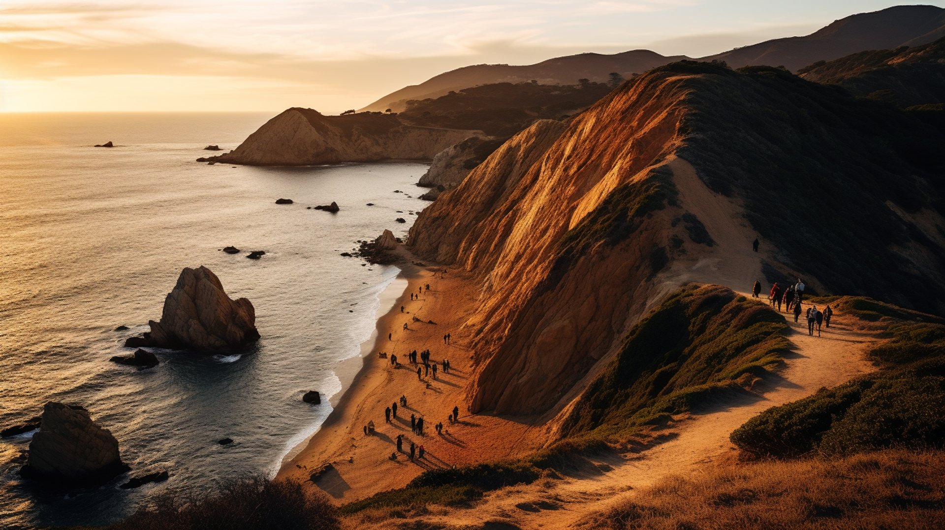 A group of people strolling along the shore as the sun sets over the horizon