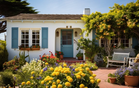 a house with a blue door and a bench in front of a house
