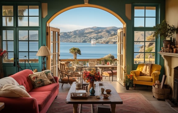 a living room with a view of the ocean