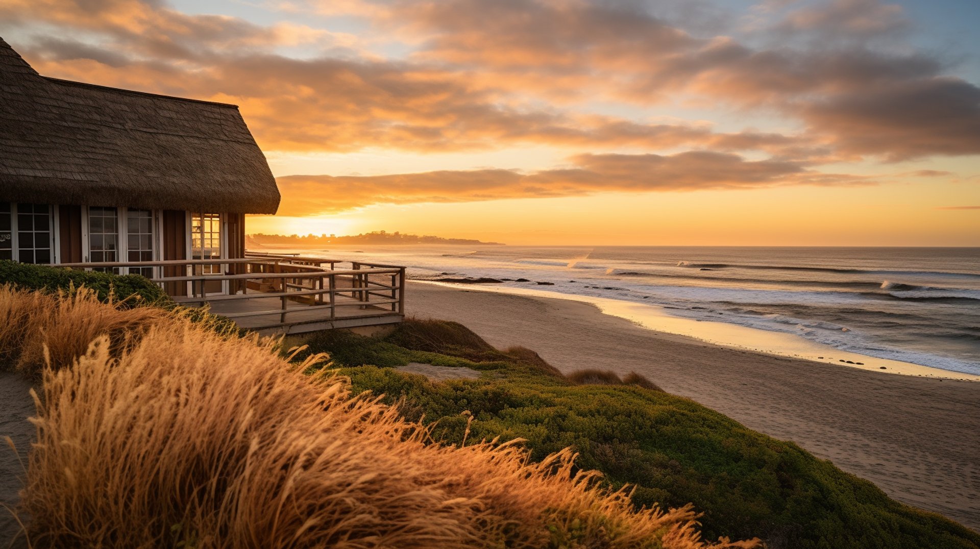 A serene beachfront house with a stunning sunset backdrop