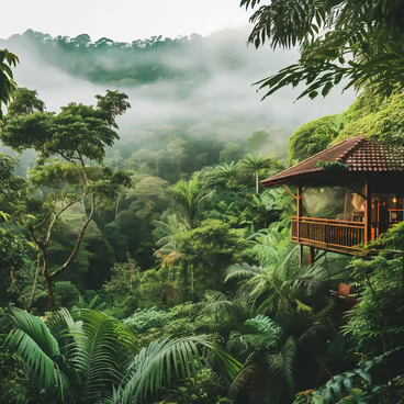 A house made of wood set amidst the lush rainforests of Costa Rica A house made of wood set amidst the lush rainforests of Costa Rica