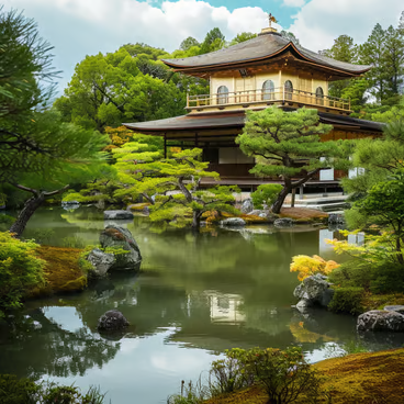 A historical temple with a man-made lake surrounded by trees in Kyoto, Japan A historical temple with a man-made lake surrounded by trees in Kyoto, Japan