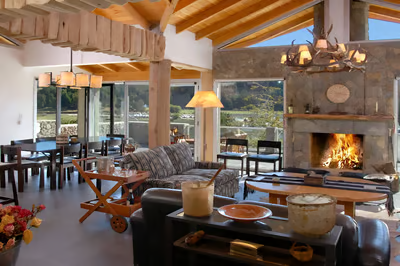 A living room with a fireplace at a lakeside villa in llao llao, argentina A living room with a fireplace at a lakeside villa in llao llao, argentina