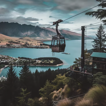 A cable car going down with the view of the lake and the mountains in Queenstown, New Zealand A cable car going down with the view of the lake and the mountains in Queenstown, New Zealand