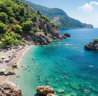 a beach in marmaris, turkey with people swimming in the water a beach in marmaris, turkey with people swimming in the water