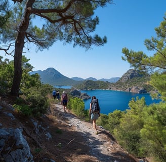 a group of backpackers walking up a path in marmaris, turkey a group of backpackers walking up a path in marmaris, turkey