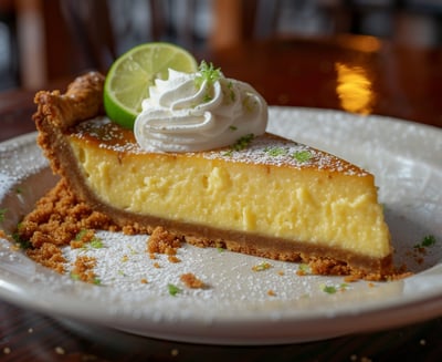 A slice of the iconic Key Lime Pie garnished with lime and whipped cream, showcasing the dessert's t