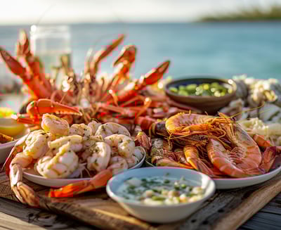 A platter of fresh Big Pine Key seafood, including shrimp, mahi-mahi, and stone crab claws, prepared
