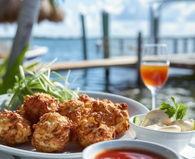 Golden brown conch fritters served with dipping sauce on a sunlit table overlooking the water, embod