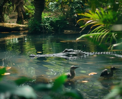 Visitor observing an alligator and birds at the Blue Hole, encapsulated by the lush foliage of Big Pond
