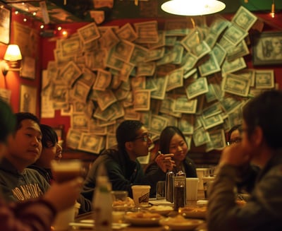 Patrons enjoying the unique, cozy atmosphere of the No Name Pub, surrounded by walls covered in doll