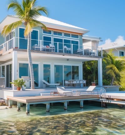 Spacious oceanfront gated home in Big Pine Key with a private dock and floating platform, framed by 