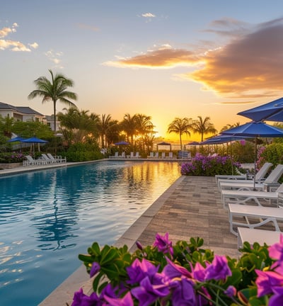 Resort poolside scene at sunset with lounge chairs and blue umbrellas, highlighted by warm golden li