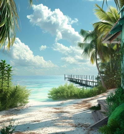 Turquoise waterfront cottage surrounded by palm trees on a sunny day in Big Pine Key, with a pier ex