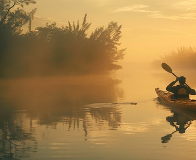 Solo kayaker in the serene waters of Big Pine Key's backcountry at sunrise, highlighting the peace