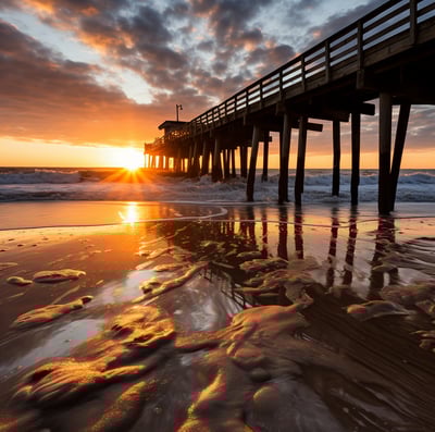 low-angle shot of a wooden beach pier during sunset