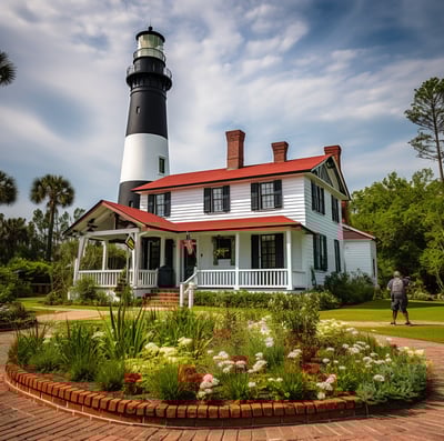 a lighthouse at the back of a two-story house