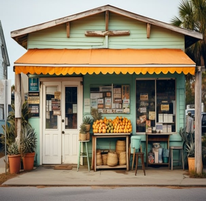 a grocery store with fruits in front of the door