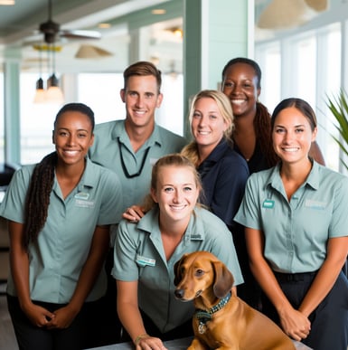a group of people standing around a dog