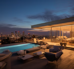 A pool with a view of a city skyline A pool with a view of a city skyline
