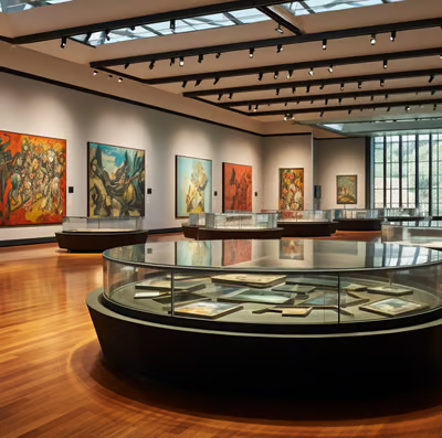 A museum with a display case with a glass case A museum with a display case with a glass case